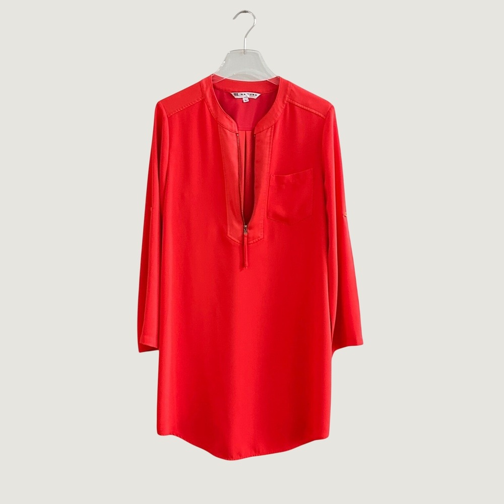 Trina Turk Kaiko Sz L Half Zip Tunic Dress Roll Tab Sleeve Womens Large 181308